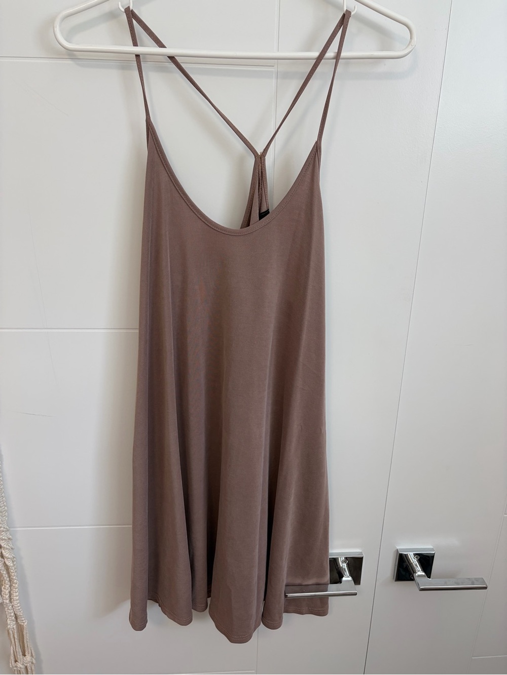 WORKHALL Spaghetti Strap Mini Swing Dress in Dusty Taupe